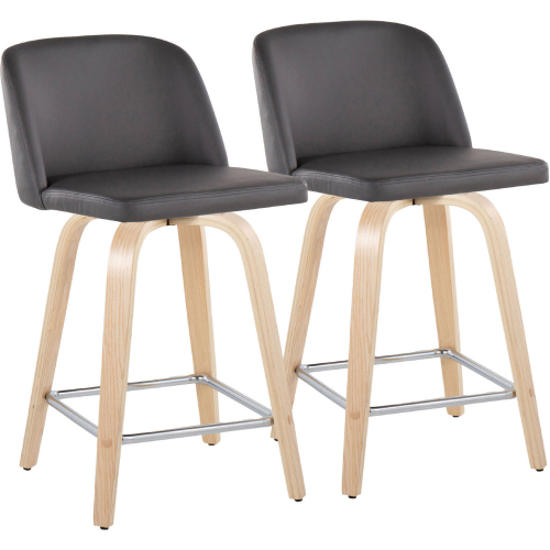 Toriano 24" Swivel Counter Stool in Natural Wood & Grey Leatherette w/ Chrome Footrest (Set of 2)